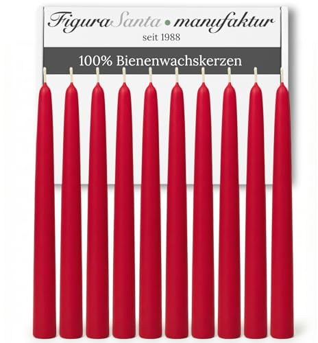 Figura Santa Bienenwachskerzen, Stabkerzen aus 100% Bienenwachs, Handgefertigt seit 1988, Dinner Kerzen, natürliche Spitzkerzen 10er Set (Rot)