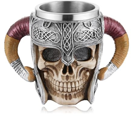 AsAlways Stainless Steel Skull Beer Mug Large Viking Drinking Cup Gothic Beer Stein with Double Handles Novelty Drinkware Halloween Accessory 600ML/20OZ
