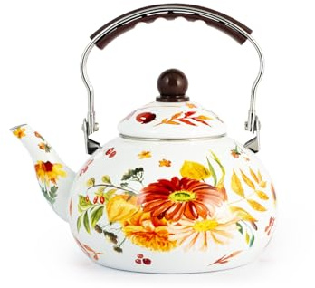 H&H, Bollitore Fall Blossom in Smalto Decorato – Capacità 2,5 Litri, Colori e Decori Botanici Ispirati all'Autunno, Adatto a Tutti i Piani Cottura Inclusi Induzione