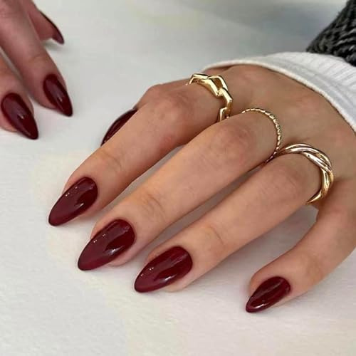 Ceboic 24 Pièces Rouge Vin Faux Ongles à Coller, Français Moyen Amande Press on Nails, Couleur Unie Couverture Complète Ongles Acrylique, Réutilisables Faux Ongles Autocollants pour Femmes Filles