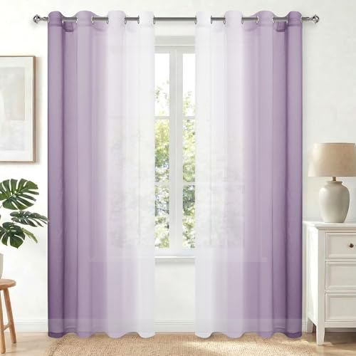 Hiasan Lila Gardinen mit Ösen Vorhänge Halbtransparent Wohnzimmer | Lila Farbverlauf, H225 x B140cm, 2er Set, Ösenvorhang Gardine Vorhang aus Polyester Voile, moderne Dekoschal für Schlafzimmer