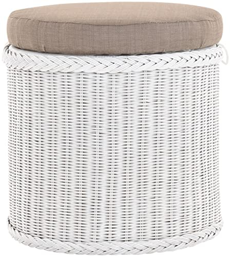 korb.outlet Rattan Bad Hocker Wäschekorb Rund Weiß mit Sitzfläche gepolstert Wäsche Korb mit Sitz Wäschesammler Badhocker