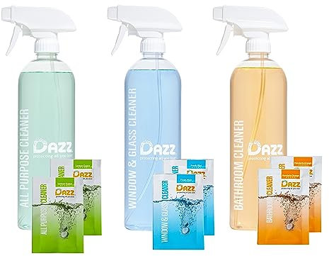 DAZZ Whole House Starter Kit (3 Reusable Spray Bottles, 6 Refills) Natural All Purpose Cleaner, Glass and Window Cleaner, and Bathroom Cleaner - Eco Friendly, Non Toxic
