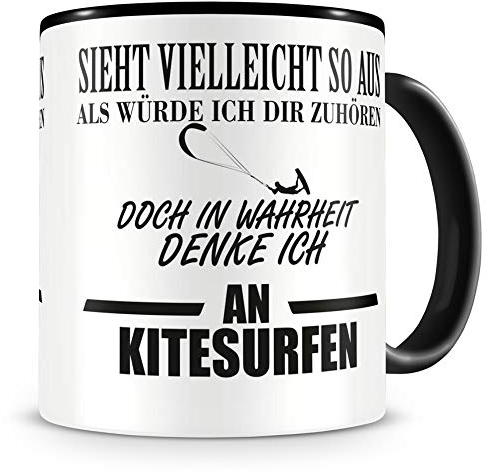 Samunshi® Taza de kitesurf con texto en alemán Kite surfing Regalos para hombre mujer, taza de café grande, taza de té divertida, taza de té XXL, negro