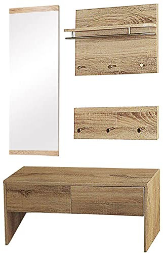 Natsen 4tlg. Kompaktgarderobe Flurgarderobe Wandgarderobe Holz Garderobenset, 1 Sitzbank + 1 Wandspiegel +2 Garderobenpanel, für Diele Flur Wohnzimmer Büro
