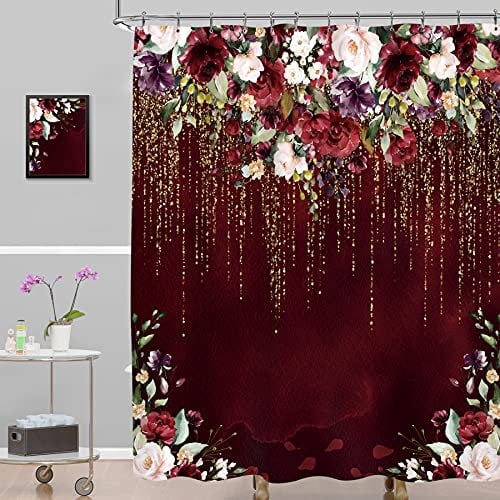 LIGHTINHOME Red Floral Shower Curtain 72x72 Inch Burgundy Flower Rose Golden Glitter Wedding Bridal Elegant Women Fabric Waterproof Bathroom Home Decor Set 12 Plastic Hooks