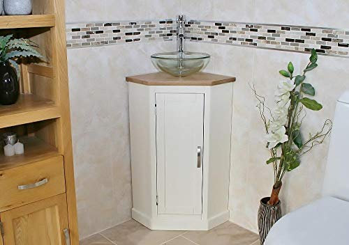 Wooden Bathroom Corner Vanity with Sink - Natural Oak Bathroom Sink Cabinet Single-Door Vanity Unit with Chromed Mixer Tap - Oval Bowl with Travertine Top