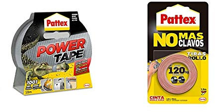 Pattex Power Tape, Cinta Multiusos Gris, 10 m + No Más Clavos, Cinta Adhesiva para Aplicaciones Permanentes, 19 mm x 1.5 m