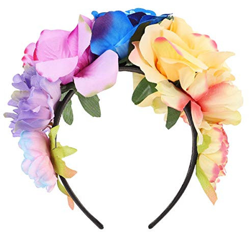 FRCOLOR Day of The Dead Headband Mexican Rose Flower Crown Halloween Floral Headpiece for Women Ladies Girls (Yellow Blue Purple)