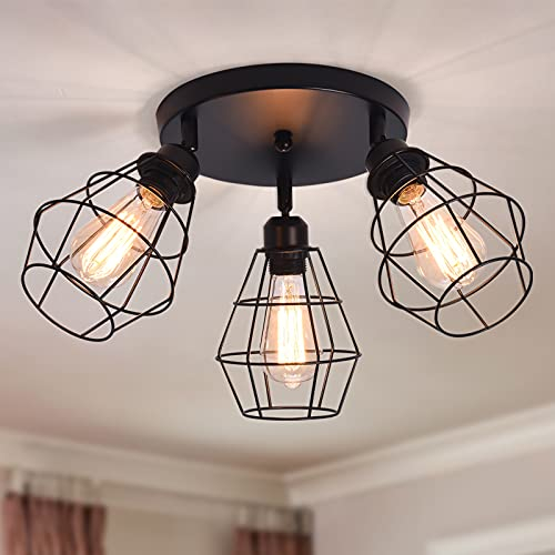 Qcyuui LáMpara de Techo Industrial de Montaje Semi Empotrado LáMpara de Techo RúStica de 3 Luces IluminacióN Colgante de Granja de Jaulad de Metal Negro Para Cocina, Comedor, Pasillo, Dormitorio