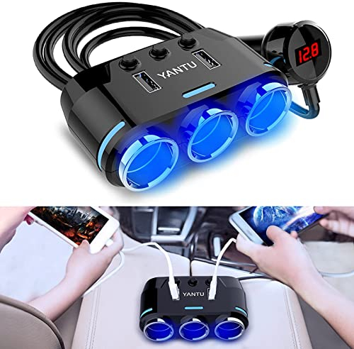 EEEKit Cigarette Lighter Adapter, 3 Socket Car USB Charger with Dual USB Port, Voltage Display & On/Off Switch for 12V/24V Car Devices
