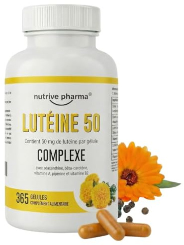 Luteína 50 mg con zeaxantina, betacaroteno, vitaminas A y B2, piperina | 365 cápsulas | Salud ocular y protección contra la luz azul | Sin OGM y sin gluten | de nutrive pharma