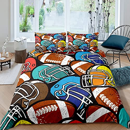 Homewish Fußball Bettwäsche Set 155x220 Für Kinder Jungen Teens Mann American Rugby Tröster Abdeckung Retro Football Helm Bettbezug Sport Thema Tagesdecke Abdeckung Schlafzimmer Dekor 2 Stücke Bunt