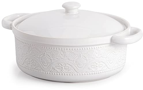 FUN ELEMENTS Casserole Dish, 2 Quart Lace Emboss Casserole Dish with Lid, Oven to Table Ceramic Round Serving Dish with Handles for Dinner and Party(White)