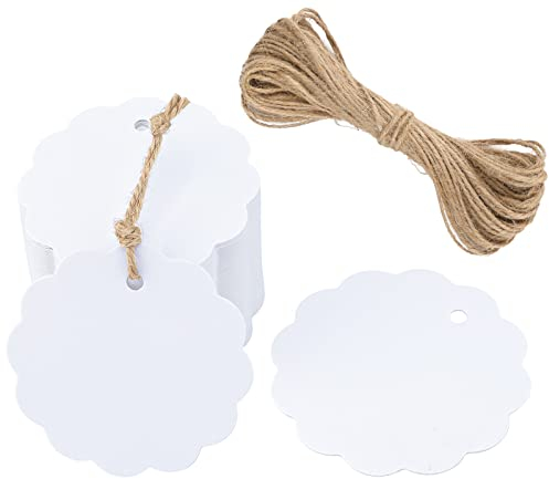 G2PLUS 6CM Rund Kraftpapier Anhänger, 50Stk. Weiß Etiketten Tags, 300g/m² Geschenkanhänger Anhänger Etiketten mit Schnur für Geschenkverpackungen und Kunsthandwerk