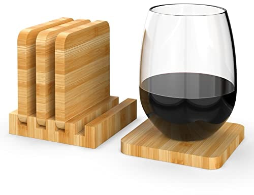 Vinsani Bamboo Coasters Set of 4 All-Natural Bamboo Wooden Square Drink Coaster with Holder for Coffee Tea Glasses Cups Mugs Wine Home Kitchen Table Housewarming Gift 9 x 9 cm