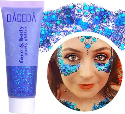 Prreal Body Glitter Gel 50ml, Face & Body Gel Sequins Shimmer Liquid Eyeshadow, Chunky Glitter für Face, Hair & Nails, Holographic Cosmetic Laser Powder Festival Makeup in Blue