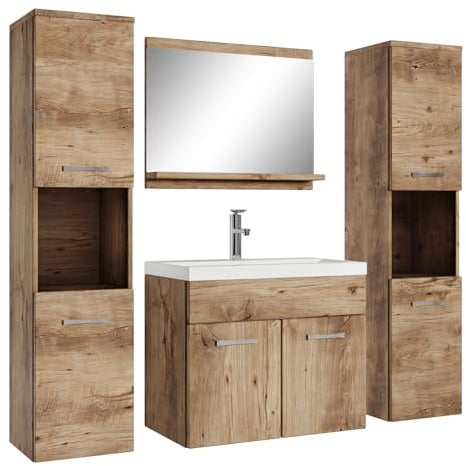 Badplaats B.V. Badezimmer Badmöbel Set Montreal XL 60cm Waschbecken Eiche Kastanie - Unterschrank Hochschrank Waschtisch Möbel