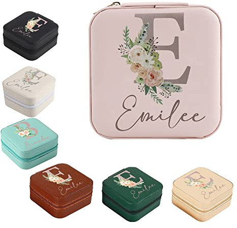 Personalisierte Schmuckkästchen mit Namen Initiale und Blume benutzerdefinierte tragbare Schmuckkästchen Travel Organizer Box angepasst Geburtstag/Hochzeit/Bridesmaid Geschenke für Frauen Mädchen
