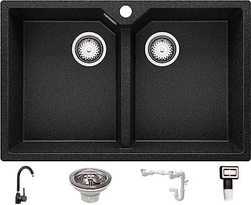 Fregadero Granito Grafito 78x50cm, Fregadero Cocina 2 Senos + Sifón + Grifo, Fregadero sobre encimera al mueble 80cm - Madrid Twin de Primagran