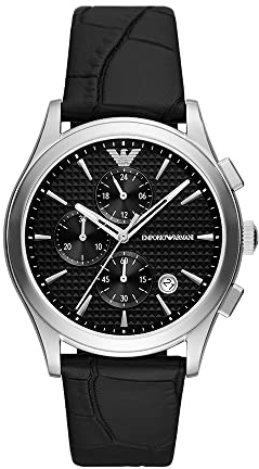 Emporio Armani Herrenuhr , Chronographenwerk, 42MM Silberfarbenes Recyceltes Edelstahlgehäuse (Mindestens 50%) mit Lederarmband, AR11530