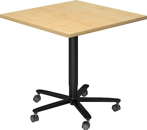 bümö Säulenhubtisch höhenverstellbar, Stehtisch Büro, Bistrotisch eckig 80 x 80 cm - Besprechungstisch Ahorn, Stehtisch Holz-Platte, Säule aus Metall in schwarz, Säulentisch, Hochtisch