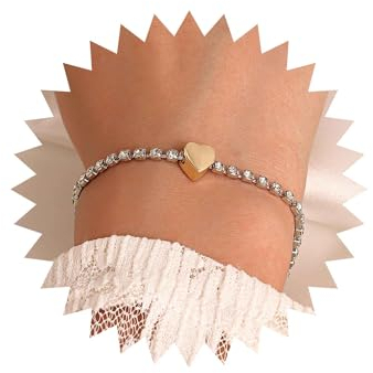Wendalern Cubic Zirconia Tennis Armband Gold Heart Charm Tennis Kette Armband Glänzend Cz Kristall Kette Armband Einstellbar Silber Kristall Handgelenk Armband Schmuck Für Frauen Mädchen