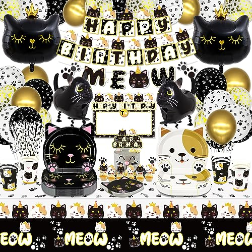 XJLANTTE 166 pièces décorations de fête d'anniversaire chat noir et blanc – ballons chat, bannière d'anniversaire, guirlandes MEOW, décoration de gâteau, assiettes, serviettes, tasses et nappe, L