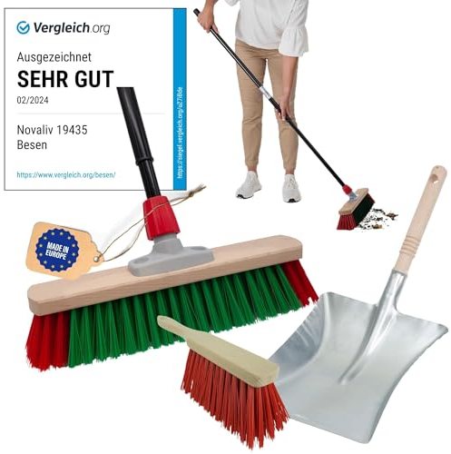 Novaliv Gartenbesen Elaston grün/rot | Besen mit Teleskopstiel | Kehrgarnitur Elaston | Kehrblech Kehrschaufel Handfeger Straßenbesen Gartenbesen Garden Broom Strassenbesen