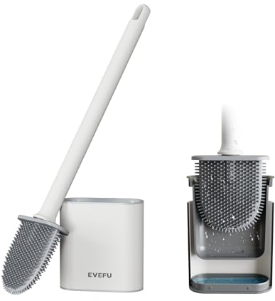 EVEFU Toilet Brushes & Holders Wall Mounted Long Handle Silicone Toilet Brush with holder Quick-Drying Base Deep Cleaning loo Brush Set for Bathroom (White)