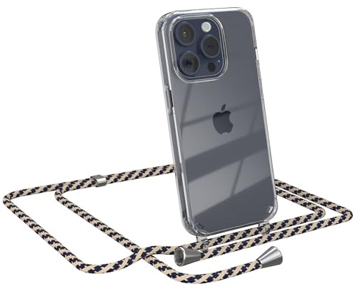 EAZY CASE Handykette kompatibel mit iPhone 15 Pro Handyhülle mit Umhängeband, Handykordel Schutzhülle, Silikonhülle, Hülle mit Band, Stylische Kette für Smartphones, Taupe Camouflage - Clips Silber