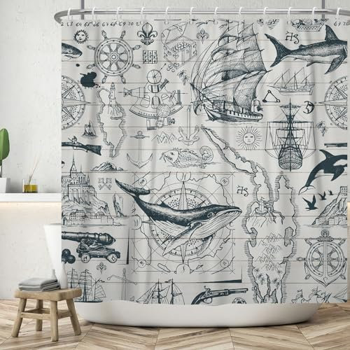 ASDCXZ Maritim Duschvorhang 180x200 cm, Maritim Nautische Tagebuch Segelboot Anker Kompass Meerestiere Waschbar Bad Duschvorhänge Polyester Textil Wasserdicht Duschvorhang für Badewanne mit 12 Haken