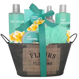 French Tendance - Coffret Bain Monoï - Gel Douche 210ml, Bain Moussant 90 ml, Gommage, Savon, Fleur de Massage - Cadeau Femme Beauté, Soin Corps - Kit Cocooning Baignoire Vintage Monoï