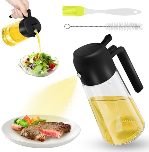 MEMOEVER 570ml 2-in-1 Oil Spray Bottle Olive Oil Dispenser Glass Bottle for Kitchen Air Fryer BBQ Baking Frying Salad with 2 Clean Brush (Black)