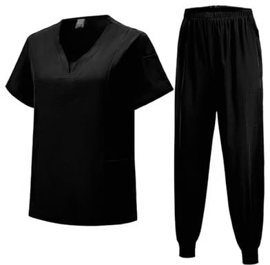 Meichoon Krankenschwesternkittel-Set Leichtes Oberteil mit V-Ausschnitt und elastischer Hose Natürlich Hautfreundlich für Männer und Frauen DK06 Schwarz Small