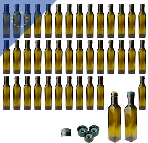 Glasflaschen 250ml Maraska (40 Stk.) mit grünem PP31.5 Kunststofferschluss mit Ausgießer - Antike Ölflasche - Hochwertiges Design für Öl, Essig - Wiederverwendbar und umweltfreundlich