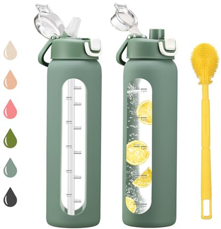 chunmo 32 oz Glass Water Bottle with 2 Lids - Handle Spout & Straw, 1 Litre Motivational Bottle with Time Marker and Silicone Sleeve, Leakproof - Olive