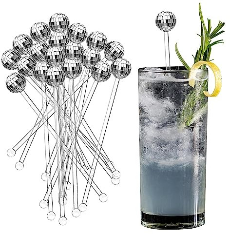 20pcs Cocktail Stirrers, Bar Disco Balls Cocktail Stirrers Plastic Round Top Swizzle Sticks, Beach Cocktail Ice Drinks Mixer Bar Stirring Mixing Reusable(Silver)