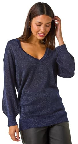 Roman Originals V-Neck Jumper for Women UK Ladies Boyfriend Fit Slouch Sweater Winter Autumn Textured Casual Flattering Knit Pullover Knitwear Daywear Lightweight Lounge - Midnight Blue - Size 10