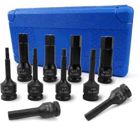 Raxfekro Juego de 10 llaves de impacto de 1/2 pulgadas, hexágono interior torx, H5 – H19 para llaves dinamométricas, juegos de brocas, llaves de carraca, etc