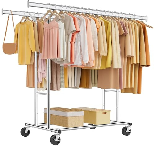 Tajsoon Portant à vêtements à double tringle de 272,2 kg, portant à vêtements robuste avec roulettes, porte-vêtements pliable pour suspendre des vêtements, portant à vêtements commercial à roulettes