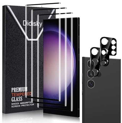 Didisky Lot de 3 protecteurs d'écran pour Samsung Galaxy S23 Ultra avec 2 protections d'objectif, couverture complète 3D, protection d'écran en verre trempé HD, 9H, anti-rayures, facile à utiliser