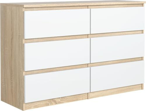 meble masztalerz Kommode mit 6 Schubladen 120 cm, Sideboard Wohnzimmer, Kommode Schlafzimmer H: 78,5cm, B: 120 cm, T: 39 cm, Kommode mit Schubladen, Schubladenschrank (Sonoma Weiß)