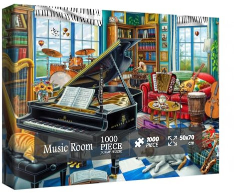Music Room Puzzles for Adults 1000 Pieces, Pretty Musical Art Jigsaw Puzzles, Funny Cat Dog Puzzles
