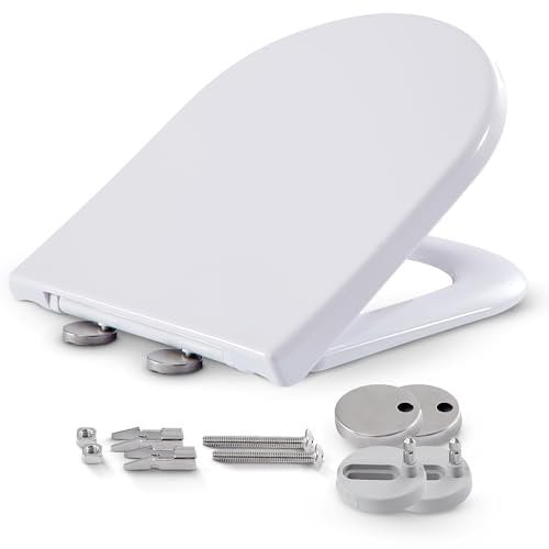 Arebos Abattant de WC en Duroplast avec système d'abaissement automatique - En forme de D - Charge maximale : 150 kg - Avec couvercle de toilette - Montage facile - Couvercle de toilette à fermeture