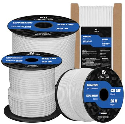 Abma Cord Paracord 3mm 15m Cuerda Paracord 100% Nylon Resistente Tipo II 3 Hebras Cuerda de Paracaídas para Exteriores - MAX. 192 kg - Blanco
