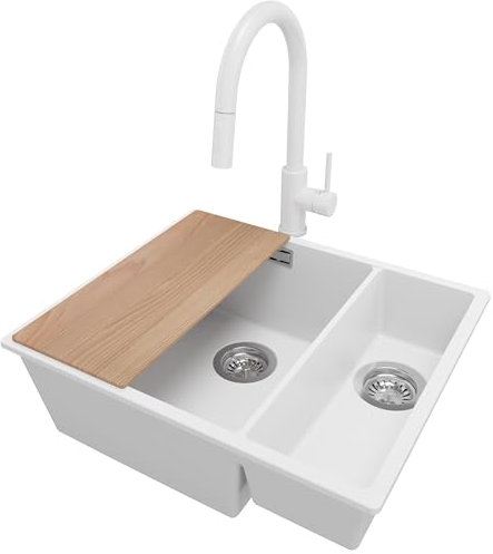 PRIMAGRAN Fregadero Granito Blanco 56x47cm, Cocina 1,5 Senos + Grifo 40x20cm + Sifón + Tabla de cortar, Sobre encimera al mueble 60cm - London Slim Duo