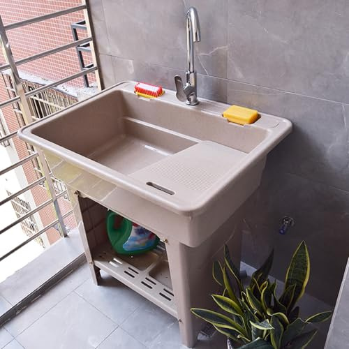 Lavello da Esterno Autoportante,Lavabo da Esterno in Plastica,Mobile Lavandino Lavanderia,Portatile Lavelli di Utilità con Rubinetto e Tubo Flessibile,per Cucina,Campeggio,Giardino(Marble color,80x58x