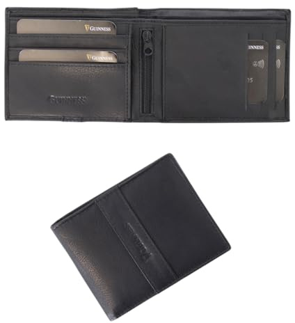 Guinness® Black Leather Wallet with Zipped Coin Pocket – RFID Blocking, Secure Card Slots, Men’s Bi-Fold Wallet, Stylish & Durable Genuine Leather – Official Guinness Merchandise
