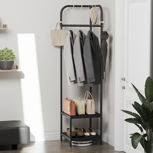 ZHYOCOGY Eck-Garderobenständer, stabiler Kleiderständer mit Ablage und Haken, freistehende Eck-Kleiderstange 42×42×190 cm für Wohnzimmer, Schlafzimmer und Eingangsbereich (Schwarz)